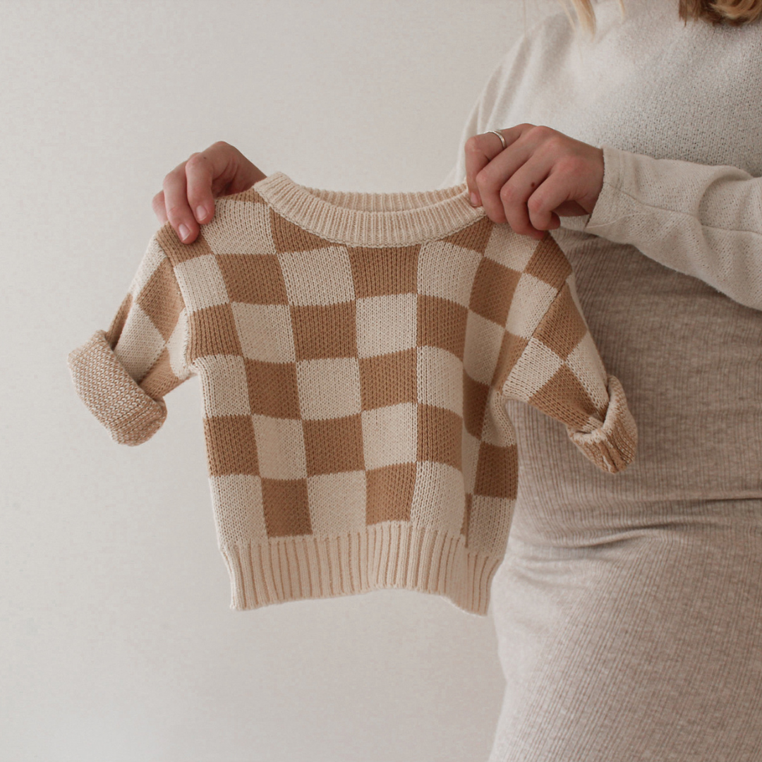 Organic Checkered Sweater - Fawn