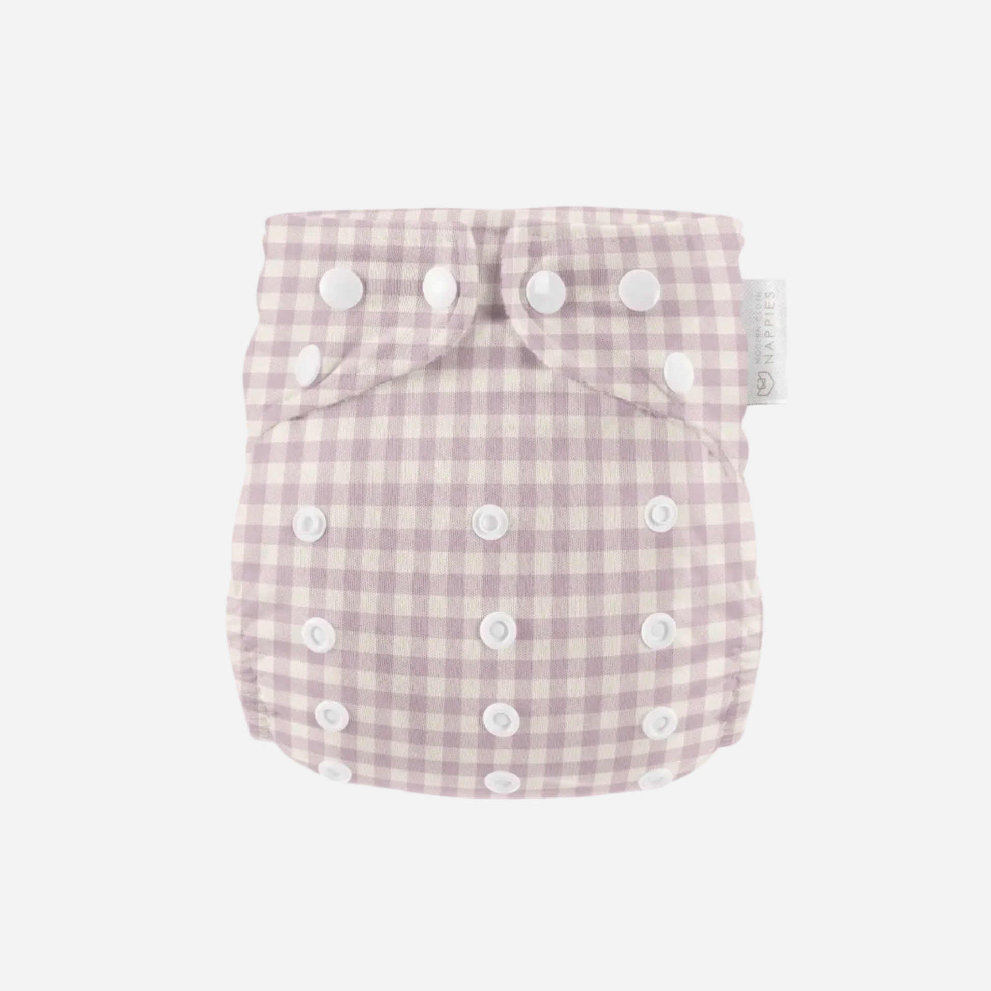 Purple and white checkered cloth diaper with snap closures on a white background